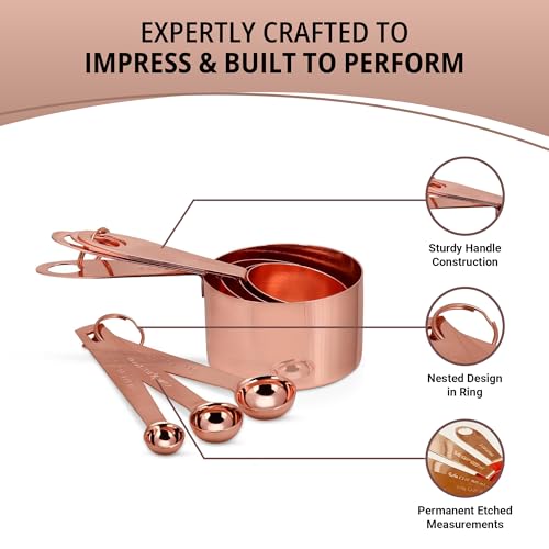 Copper Measuring Cups and Spoons Set - 9-Piece Food-Grade Stainless Steel Measuring Set with 2 Storage Rings for Heavy Duty Cooking & Baking, Rose Gold