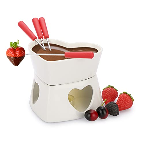 BSTKEY White Ceramic Butter Warmer Set, Heart Shaped Fondue Pot Melting Pot Set, Melt Hot Pot Bowl Set for Cheese Chocolate Butter Caramel, with 4 Forks - color: White