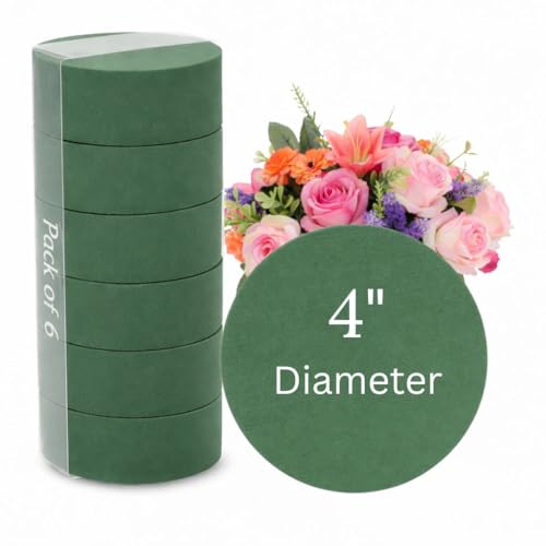 Pack of 6 FLOFARE Round Floral Foam Blocks for Fresh and Artificial Flowers, Each (4" X 1.4"), Dry & Wet Green Flower Foam for Flower Arrangements & Florist Supplies - size: 4"