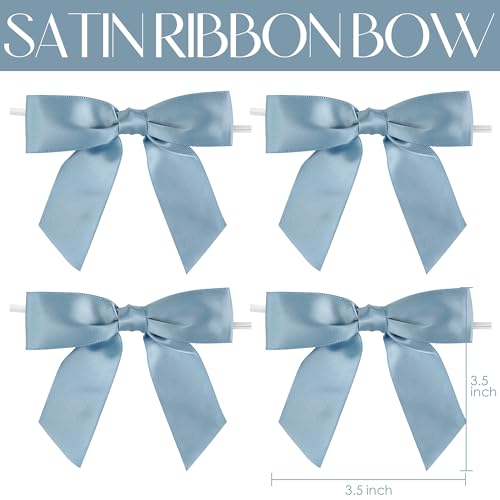 AIMUDI Dusty Blue Satin Ribbon Bows 3.5" Pre-Tied Twist Tie Bows for Treat Bags Gift Wrapping Cake Pop Goodie Bags Party Wedding Baby Shower Favor - 50 PCs - color: Blue Dusty