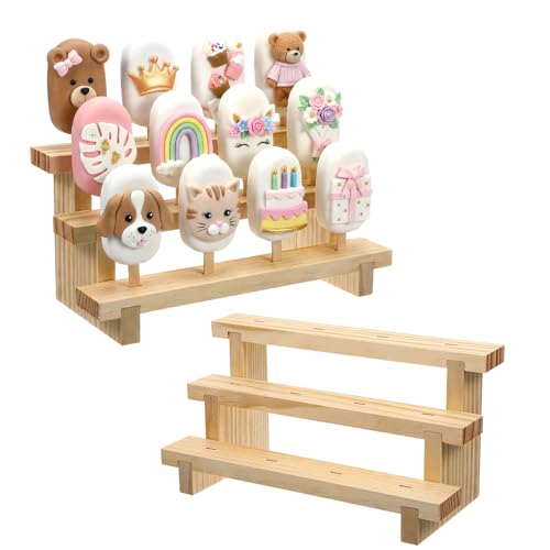 2 Pcs Wooden Cakesicle Stand, 3 Tier 12 Holes Cake Pop Display Holder, Rectangle Wood Lollipop Stick Rack for Wedding, Birthday, Baby Shower, Dessert Table