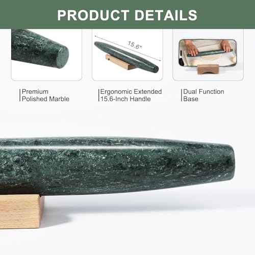 Natural Marble Rolling Pin for Baking, 15.6" Non-Stick Stone Dough Roller - color: 15.6"x1.48"-Green