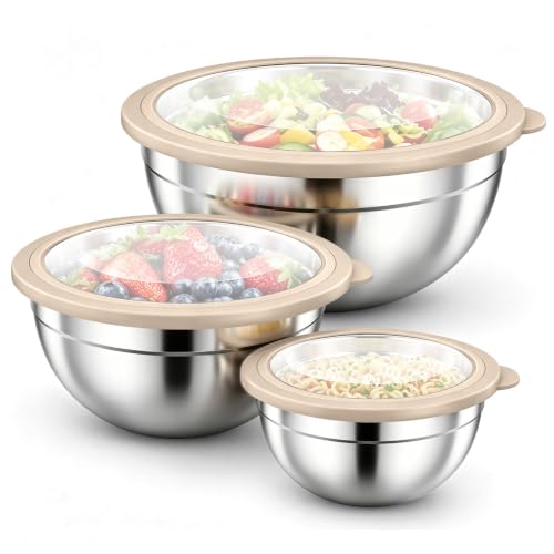 P&P CHEF Stainless Steel Mixing Bowls with Visible Airtight Lids, Khaki - color: Khaki, style: Visible Airtight Lids