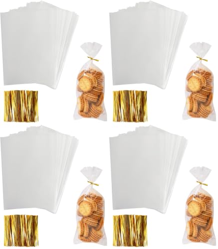 Cellophane Treat Bags, Augshy 300 Pcs 4x9 Inches Treat Cello Bags for lollipop with 320 Twist Ties, 1.4 mils Thickness OPP Plastic Bags for Packaging Candies,Dessert,Bakery, Cookies (Pack of 4) - size: 4x9 Inches (Pack of 4)