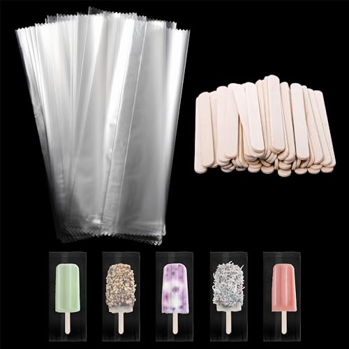 Okllen 600 Pieces Popsicle Bags and Sticks Set, 300 PCS Disposable Plastic Popsicle Wrappers Clear Ice Cream Bags, 300 PCS Wooden Popsicles Sticks for DIY Making Cakesicle Candy Summer Party Supplies
