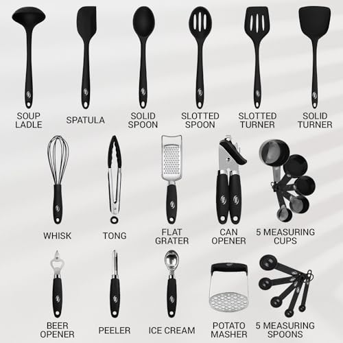 Kaluns Silicone Kitchen Utensils Set 24 Pcs Silicone Cooking Utensils Set - Can Opener, Masher, Turner, Spatula 446°F Heat Resistant Non-Stick - Premium Utensil Set - color: Black