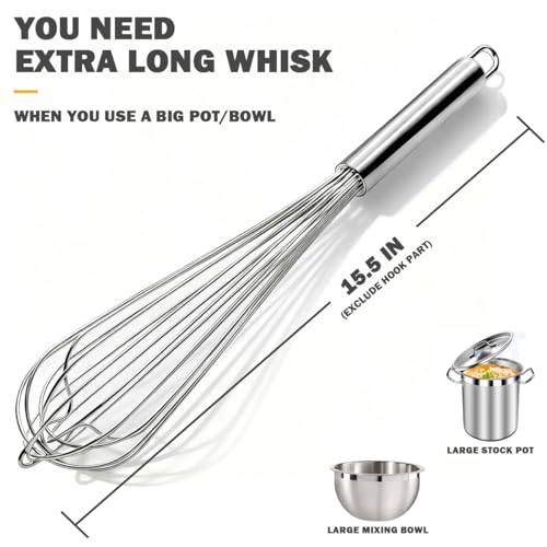 18/8 Stainless Steel Large Whisk, 15.5 inch Heavy Duty Long Whisk Suitable for Deep Pots or Big Bowl, Mixing, Beating, Blending - size: 15.5 INCH