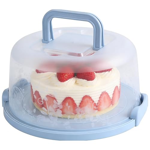 Plastic Small Cake Carrier Holder Round Container with Handle Suitable for 6~8 inch Diameter and 4 inch Height Small Cake (Blue) - size: 7 inch Printed Round-Blue