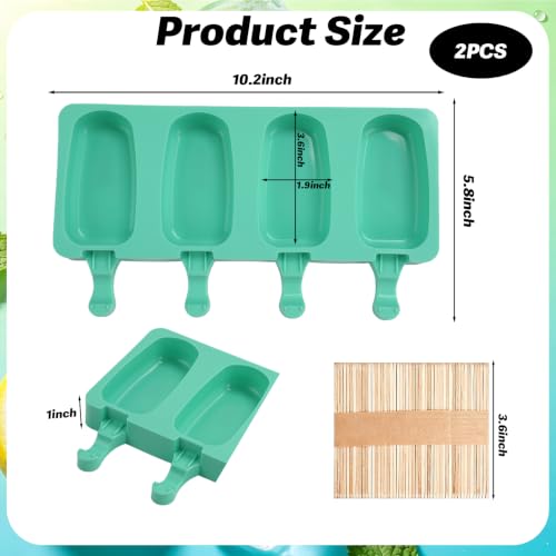 Silicone Popsicle Molds, 2 Pcs Green Popsicles Molds, 4 Cavities Ice Cream Mold with 50 Wooden Sticks for Making Cakesicles Fudgesicle Candy DIY Cake Ice Pop Summer Party Supplies - color: Green