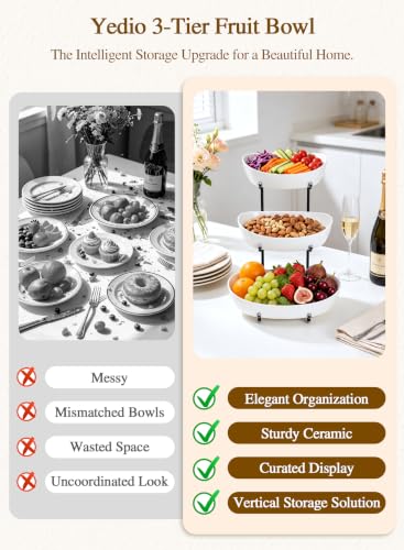 3 Tier Ceramic Fruit Bowls for Kitchen Counter, White Serving Platter - color: Black, size: 3 Tier
