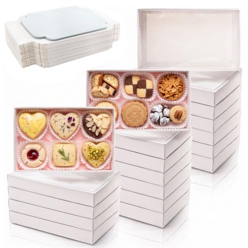 Tebery 50 Pack Cookies Boxes with Full Clear Window, 9 1/2" x 6" x 1 1/4" Pastry Bakery Box, Macaron Treat Packaging Boxes for Wedding, Party, Take Out Container for Chocolate, Donuts, Muffin, Dessert