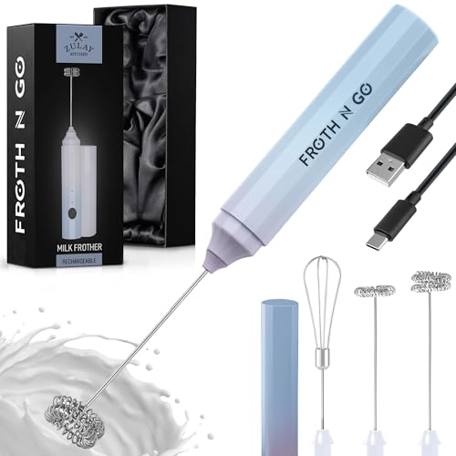 Zulay Froth N Go Milk Frother – Rechargeable 3-in-1 Handheld Frother Wand with Travel Case & USB-C Charger – Single, Double & Egg Whisk for Latte, Cappuccino, Matcha, Protein Shakes - Dove Cloud - color: Dove Cloud, size: Rechargeable Frother