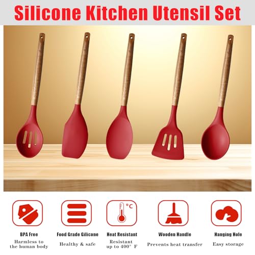 Kitchen Utensils Set, Silicone Cooking Utensils Set,Non-Stick Silicone Spatula Set with Natural Acacia Hard Wood Handle, 5 Piece, Upgraded Thickened Cookware - color: Red