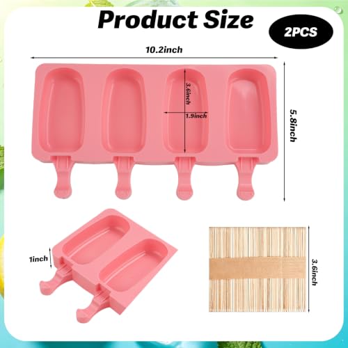 Silicone Popsicle Molds, 2 Pcs Pink Popsicles Molds, 4 Cavities Ice Cream Mold with 50 Wooden Sticks for Making Cakesicles Fudgesicle Candy DIY Cake Ice Pop Summer Party Supplies - color: Pink