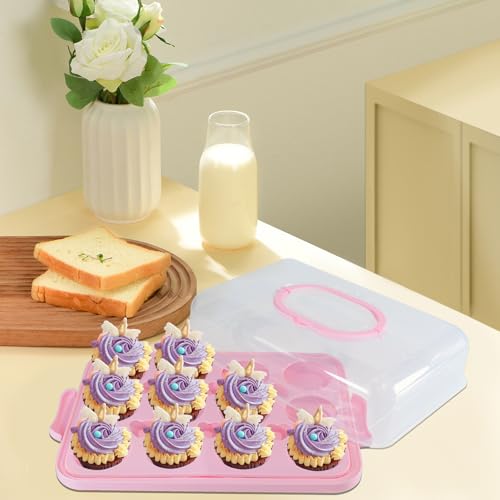 Cake Carrier with Lid, Cake Holder Cupcake Container for 12 Cupcakes 2 in 1 Portable Dessert Container for Pie Muffin Cobbler (Pink) - color: Pink