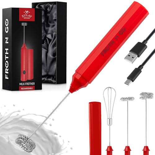 Zulay Froth N Go Milk Frother – Rechargeable 3-in-1 Handheld Frother Wand with Travel Case & USB-C Charger – Single, Double & Egg Whisk for Latte, Cappuccino, Matcha, Protein Shakes - Ember Red - color: Ember Red, size: Rechargeable Frother