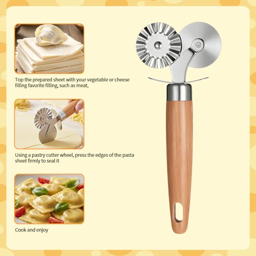 Dual Wheel Pastry Cutter, Ravioli and Pasta Wheel, Wood Handle