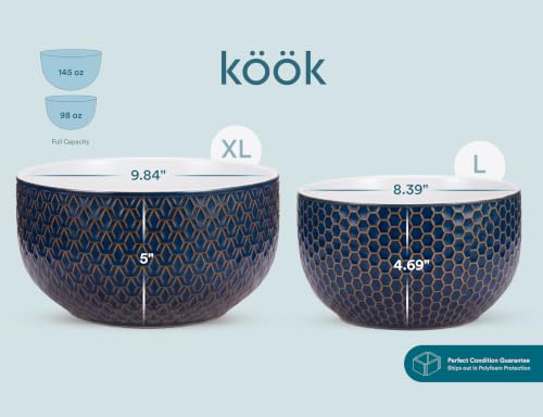 KooK Ceramic Nesting Bowls, Embossed, Oven Safe, Set of 4, Midnight Blue - color: Midnight Blue