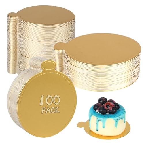 100pcs 3.5 Inch Cake Boards, Gold Round Cardboard Bases for Cupcakes, Mousse Desserts, Disposable Eco-Friendly Display Stands (9cm)