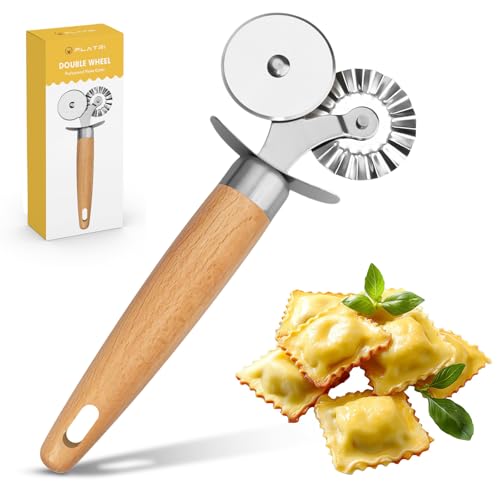Pasta Cutter Wheel - Fluted Pastry Cutter Double Wheel Ravioli Cutter Tool with Wooden Handle for Pasta Pizza Ravioli Cookie