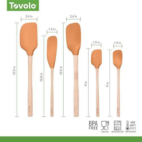 Tovolo Silicone Spatula with Wooden Handle Set of 5 Piece Silicone Kitchen Utensil Set Spoonula Jar Scraper Mini Spatula and Spoonula for Cooking Baking Mixing Folding Apricot Orange Cookware - color: Apricot