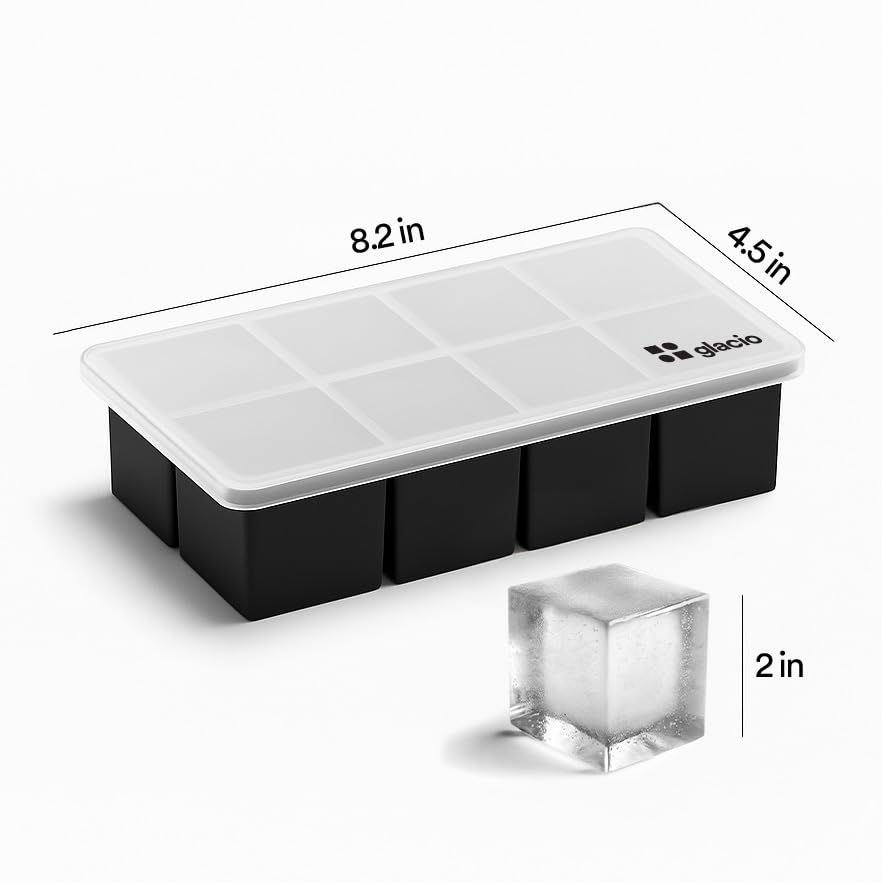 Ice Cube Molds, 2 Pack Silicone Trays for 8 Large Square Cubes - color: 2" Cube w/ cover (Black)