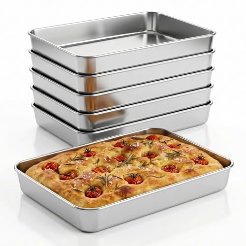 Leonyo 9.3 x 7 Inch Bakeware Cake Pan Set of 6, 2 Inch Deep Lasagna Pan, Rectangle Stainless Steel Baking Tray Sheets for Baking Commercial Kitchen, Focaccia Bread, Casserole Dish - size: 9.3 x7IN