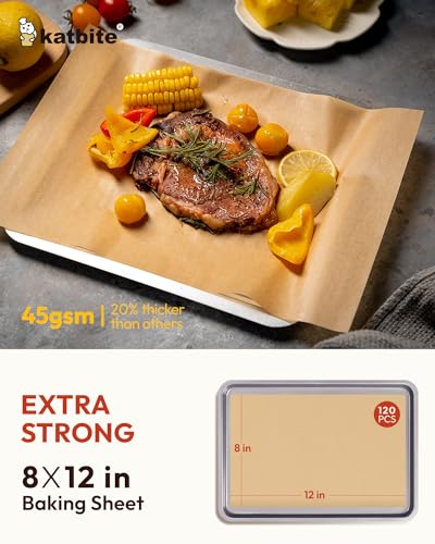 Katbite 120Pcs 8x12 inches Parchment Paper Sheets, Heavy Duty Unbleached Baking Paper, Pre-cut Parchment Paper for Baking, Air Fryer, Grilling, Steaming - size: 8"x12"