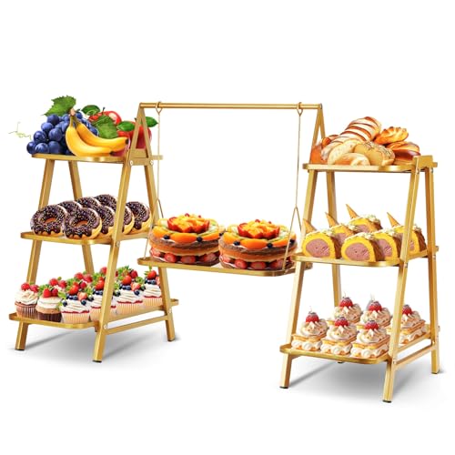 Metal 3 Tier Cupcake Stand, Swing Design,Cake Stand with Trays,Gold - color: 1-Gold