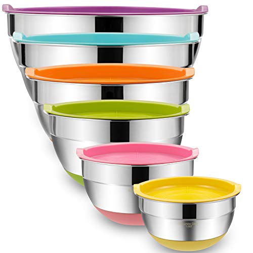 Umite Chef Mixing Bowls with Airtight Lids, 6 Piece Stainless Steel Metal Bowls, Measurement Marks & Colorful Non-Slip Bottoms Size 7, 3.5, 2.5, 2.0,1.5, 1QT, Great for Mixing & Serving - color: Multicolor