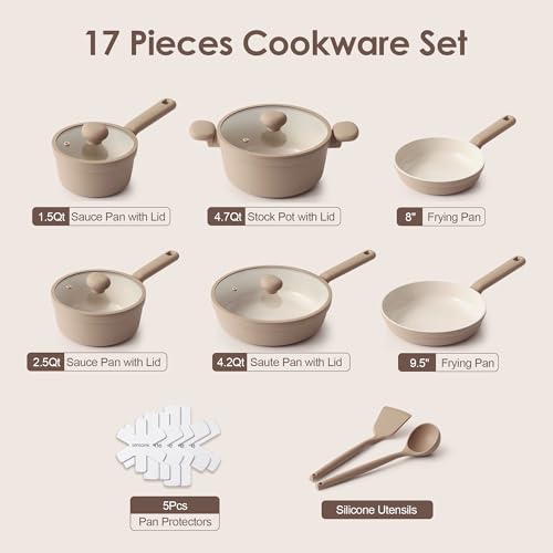 SENSARTE Ceramic Nonstick Pots and Pans Set, Nontoxic Cookware Set 17pcs - color: Almond Beige