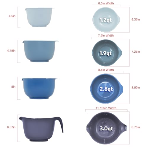 Glad Mixing Bowls with Pour Spout, Set of 4 - Nesting Plastic Bowls (1.2qt, 1.9qt, 2.8qt, and 3qt with Handle) - Non Slip Base, Dishwasher Safe Kitchen Cooking and Baking Supplies, Blue - color: 4pc Blue, size: 4 count
