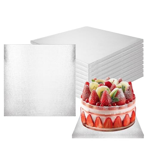 STARVAST 12 Inch Square Cake Drums, 10 Pack Sturdy 1/2" Thick Cake Boards with Fully Wrapped Edges, Multiple Layers of Corrugated Cardboard for Multi-Layer Cakes, Base para Pastel, Silver