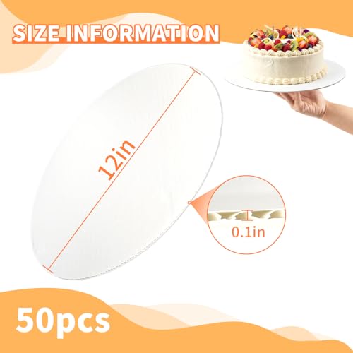 HORLIMER 50 Pack Cake Boards 12 Inch Round, Food-Grade Circle Cardboard Cake Drums Base, White Cake Plates for Birthday, Party, Wedding Display - size: 12 in