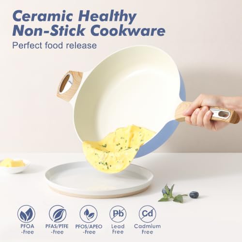 SENSARTE Ceramic Nonstick Frying Pan Skillet with Lid, 13.3 Inch Large Deep Frying Pan, 6 QT Saute Pan, Induction Pan, Healthy Non Toxic Cooking Pan with Helper Handle, PFOA PFAS PTFE Free - color: Blue, size: 6QT / 13.3IN