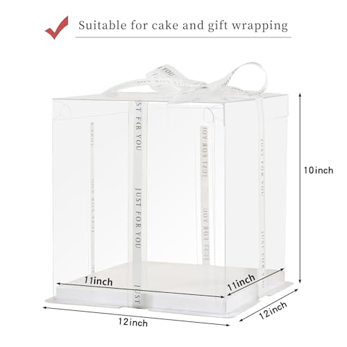 JCD 6Packs Large Cake PET Clear Box, 11" X 11" X 10" with ribbon and pre-folded lid, for 10" and 9" cake packing carry, baking cookie display,for Wedding, Birthday, Party (Clear Lid, 11inch/6pcs) - size: Clear Lid 11inch/6pcs