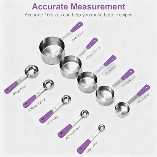 Bopei 10-Pcs Stainless Steel Measuring Cups & Spoons Set, Purple Handles - color: Purple