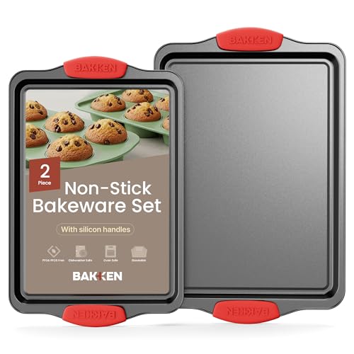 2 Piece Set Nonstick Carbon Steel Oven Bakeware -Professional Quality Kitchen Cooking Baking Trays -PFOA, PFOS, PTFE-Free Medium & Large Baking Sheet Pans with Red Silicone Handles - color: Black, size: Medium & Large