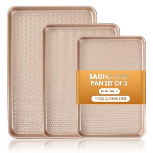 Baking Sheet Pan Set of 3, Nonstick Carbon Steel Cookie Sheets with Texture - color: Textured Rose Gold