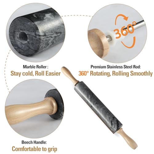 African Natural Marble Rolling Pin, Non-Stick Polished Dough Roller, Pasta, Dumpling, Fondant, Pie Crust, Bread, Pizza Dough, Kitchen Baking Pastry Tools with Mat/Scraper(Monte Grigio) - color: Grey Marble with Pastry Mat