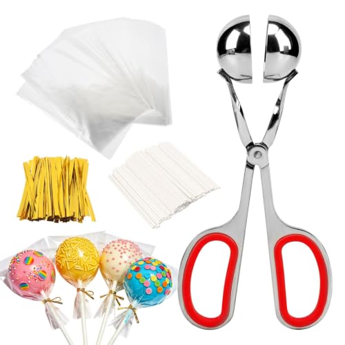 Cake Pop Mold Sticks Set, Ball Shape Cake Pop Maker Mold with 100 Pcs Paper Sticks, Clear Wrappers & Gold Twist Ties, DIY Lollipop Baking Tools for Candy & Cake Pop Making
