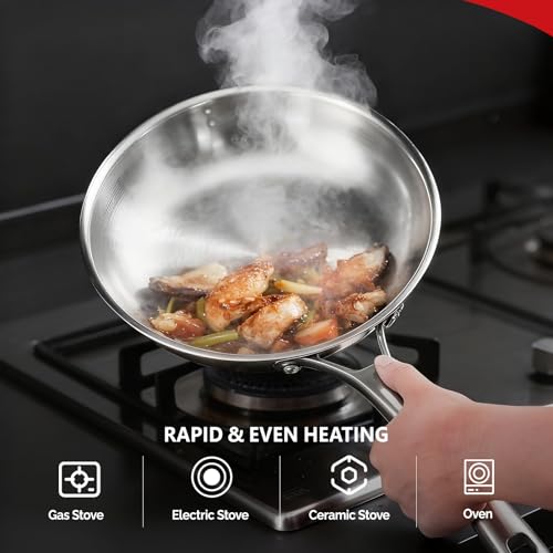 ROVSUN 8-10-12 Inch Stainless Steel Cookware Set, Tri-Ply Skillets Set with Lids, Full Clad Stainless Steel Chef's Pan, PFOA & PTFE Free Skillets, Compatible for All Cooktops, Dishwasher & Oven Safe - size: 5-Pieces Skillet with Lids