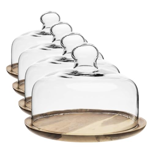 MyGift Cloche Dome Clear Glass Dessert Cheese Serving Tray 7.5 Inch Small Cake Cupcake Stand with Acacia Wood Base for Party Wedding (Pack of 4) - size: Small (Pack of 4)
