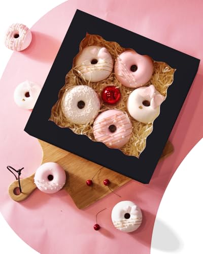 qiqee 8x8x2.5 Inch Black Pastry Box With Window Donut Pie Boxes 12pcs Bakery Box (Auto-pop Up) - color: 12Packs, Black