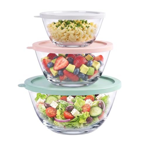 Greentainer Borosilicate Glass Mixing Bowls with BPA-Free Lids Set of 3 (2.9, 1.6, 0.7 QT), Clear Salad Bowl for Kitchen Baking, Cooking, Serving, Meal Prep, Dishwasher, Freezer & Microwave Safe