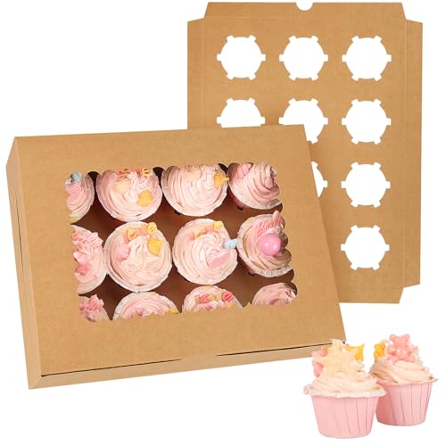 Moretoes 34pcs Cupcake Boxes,12 Count Cupcake Containers with Window&Insert - color: Brown, size: 13*10*3.5inch