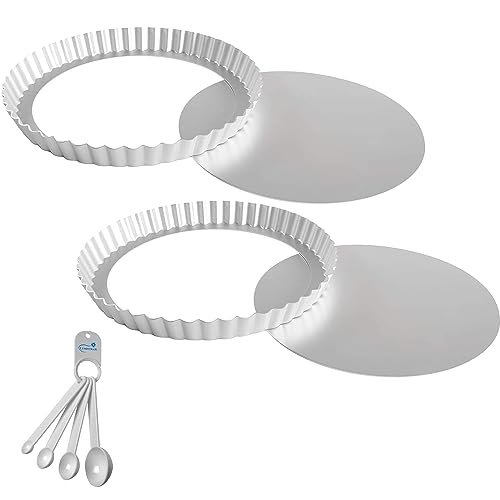 Lumintrail Fat Daddios Anodized Aluminum Fluted Tart Pan, 2 Pack, 9.5 Inches by 1 Inch, with a Measuring Spoon Set
