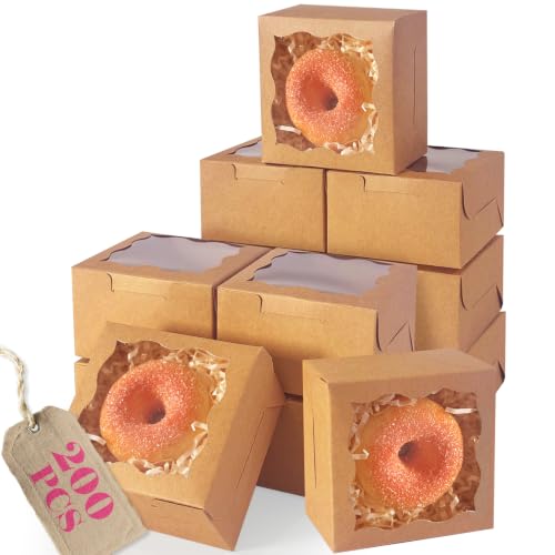 qiqee 200Pcs Brown Bakery Box with Window 4"x4"x2.5" - color: Brown, size: 4" x 4" x 2.5" / 200 Pcs