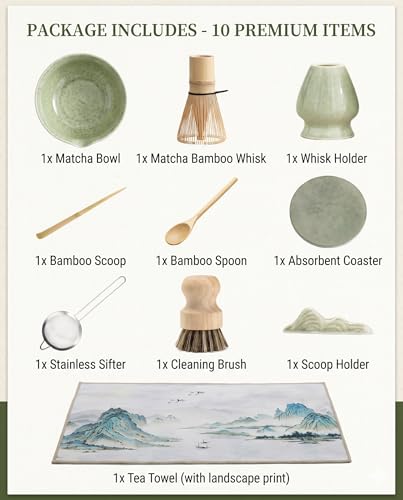 Matcha Whisk Set - Matcha Set Kit Light Green 10-Pcs Ceremonial Style