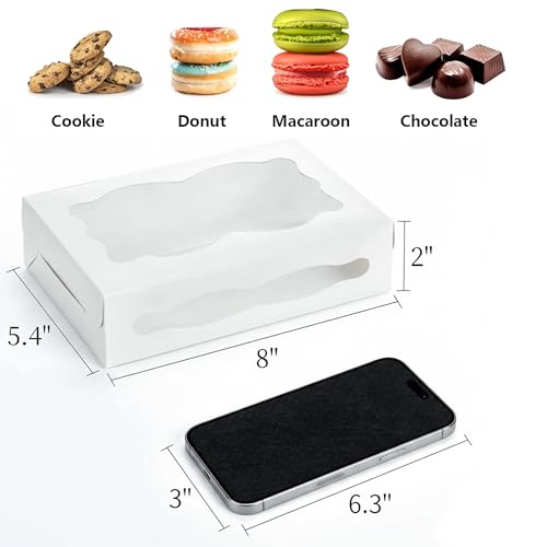 Hiceeden 50 Pack White Cookie Boxes with Window, 8"×5.4"×2" Bakery Candy Box for Gift Giving, Treat Dessert Boxes for Pastry Donuts Candy Biscuit Macaron Chocolate Strawberry